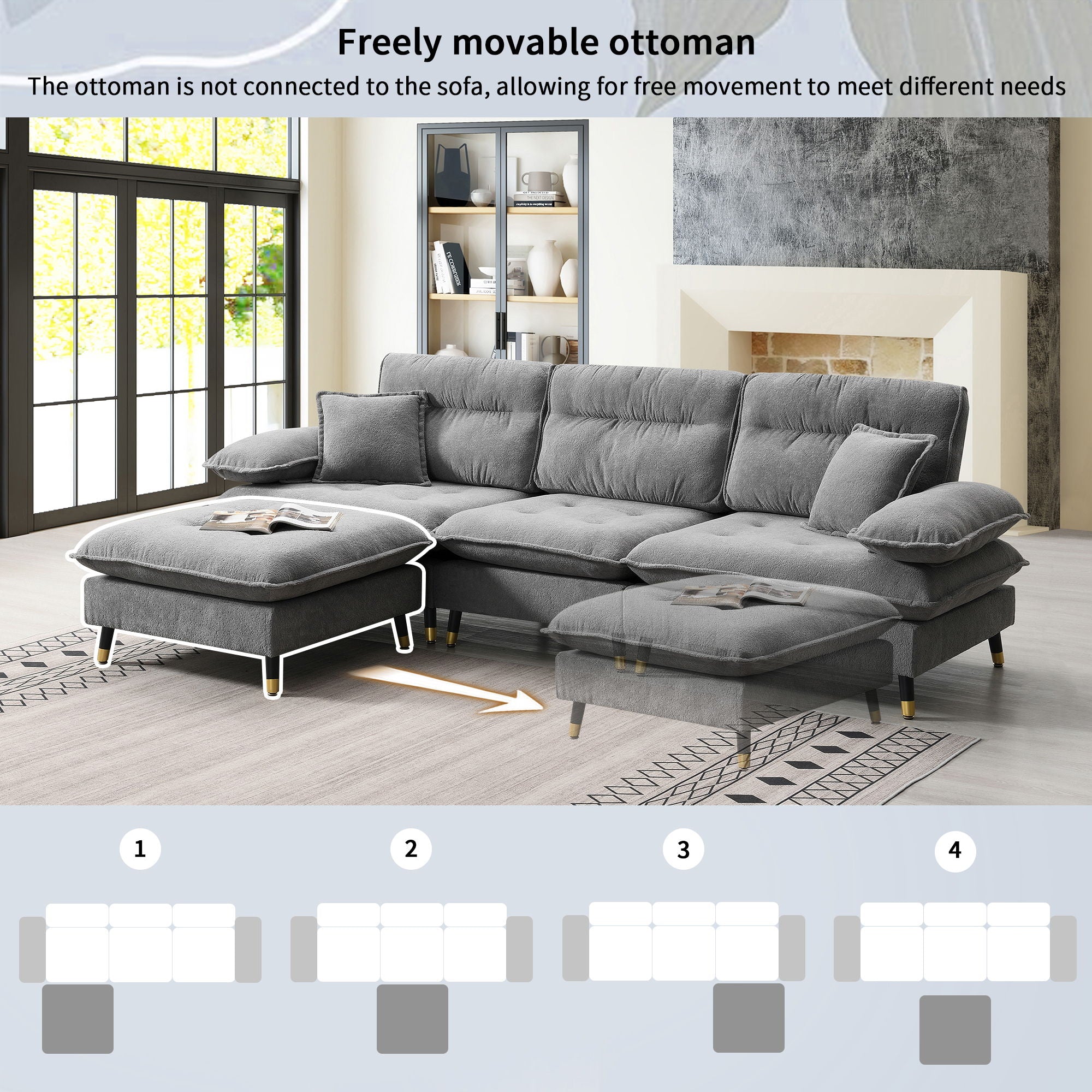 L Shaped Convertible Sectional Sofa 4 Seat Tufted Couch Set With Two Tone Adjust Legs Cloud Movable Ottoman