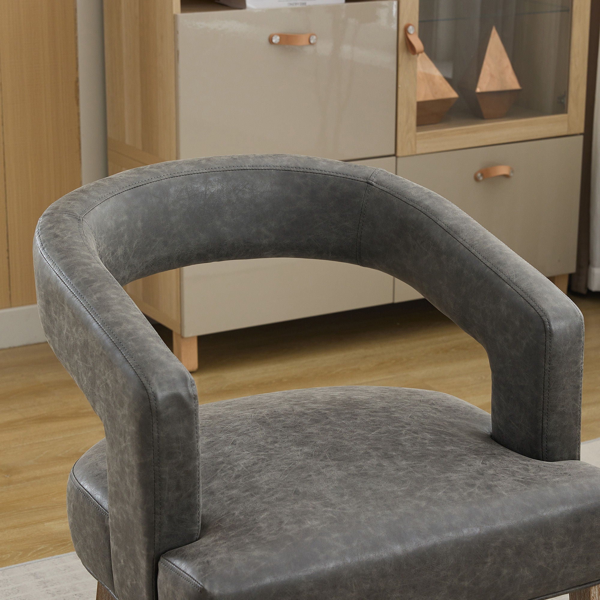 Wide Modern Barrel Open Back Upholstered Accent Chair With Weathered Solid Wood Legs