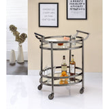 Show off your personality with the Lakelyn serving cart. The clear tempered glass top and mirror bottom are the ideal place for placing your dishes and dining accessories. Roll it where need be on its softer rubber wheels and prepare to entertain.