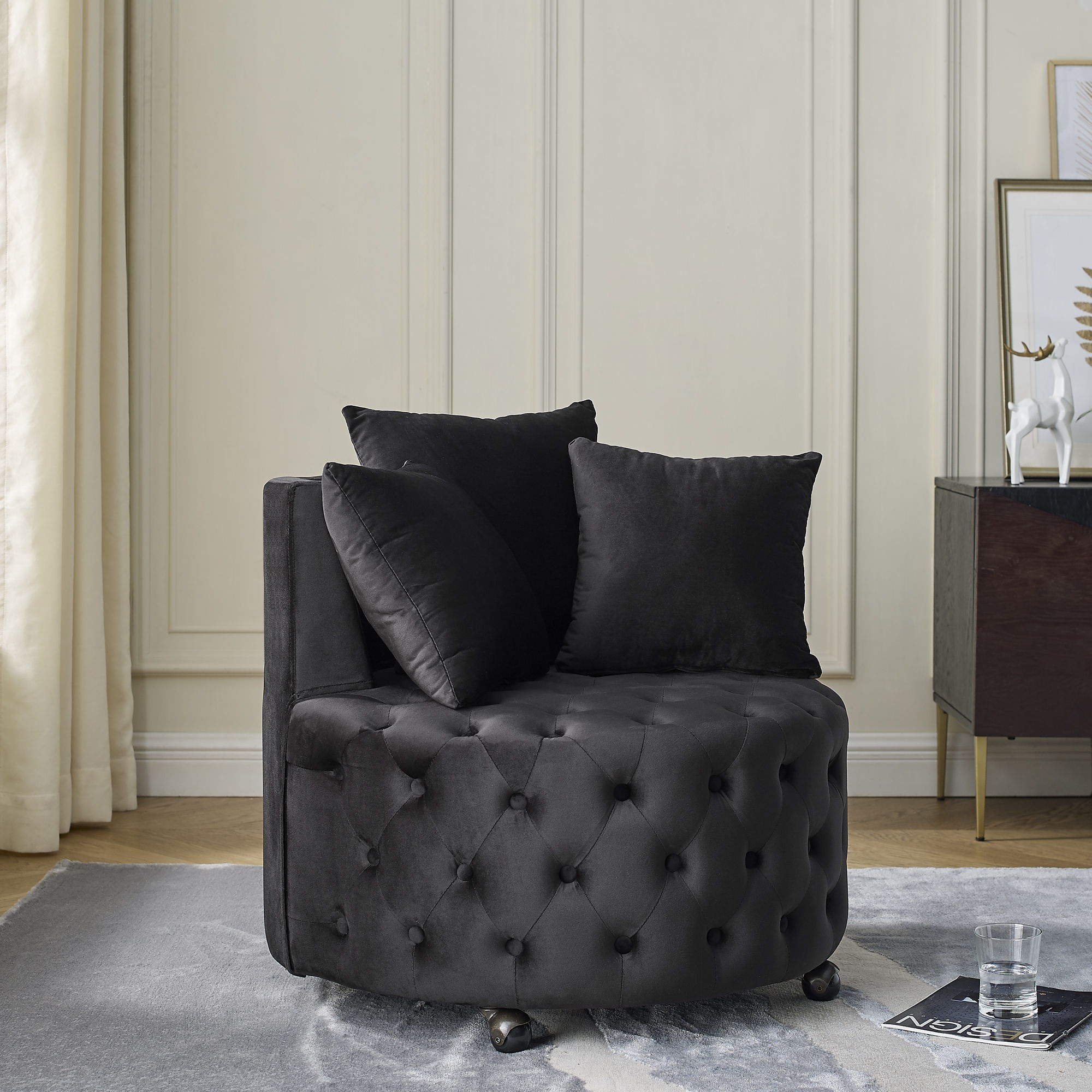 Modern Upholstered Swivel Chair With Button Tufted Design And Movable Wheels