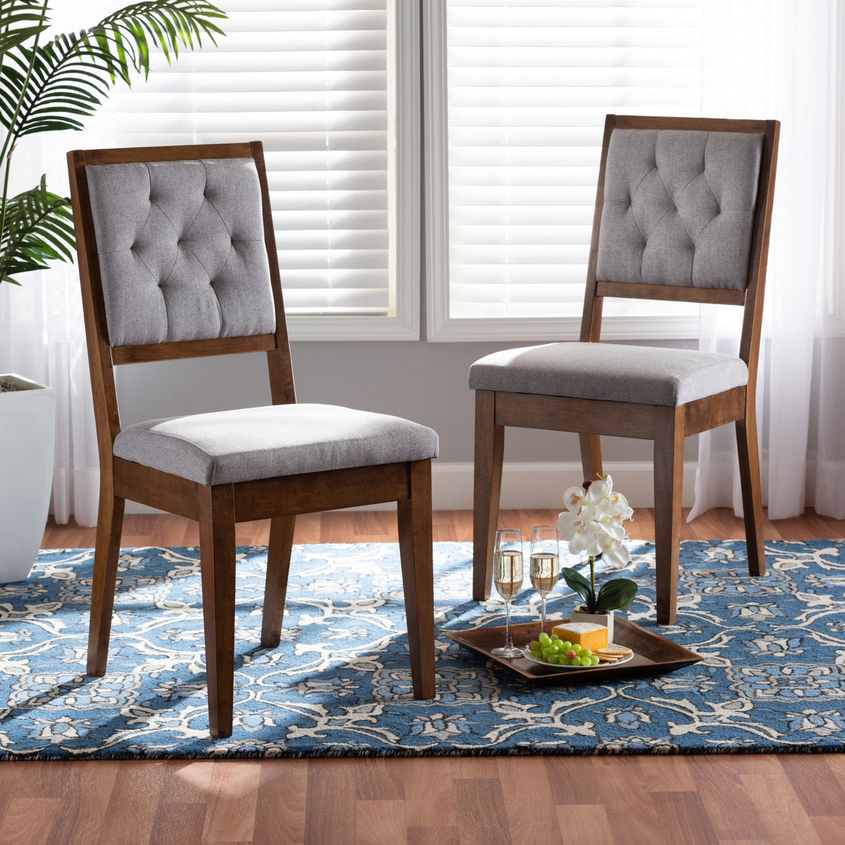 Gideon Modern and Contemporary Grey Fabric Upholstered and Walnut Brown Finished Wood 2-Piece Dining Chair Set