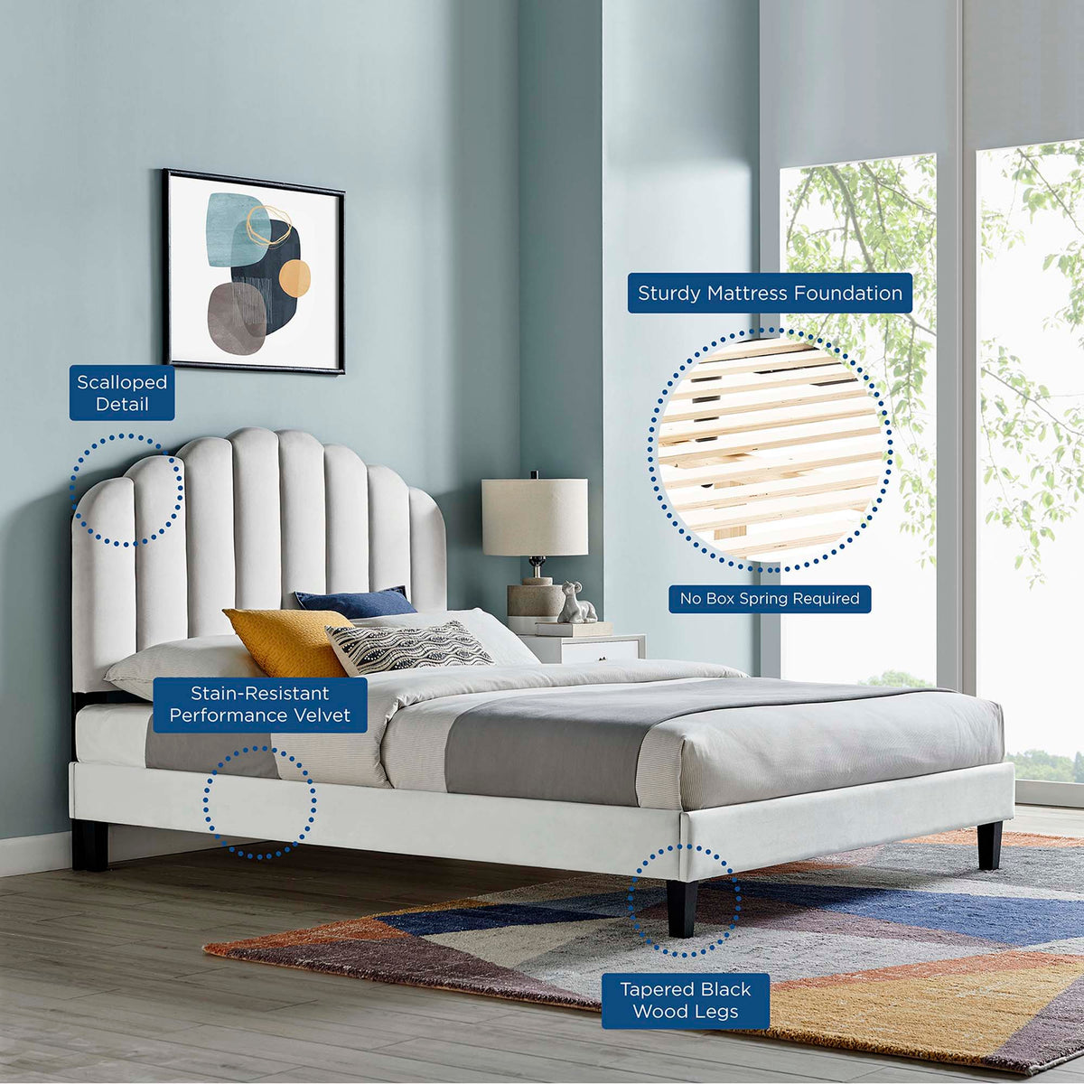 Daisy Tapered Wood Leg Performance Velvet Queen Platform Bed by Modway