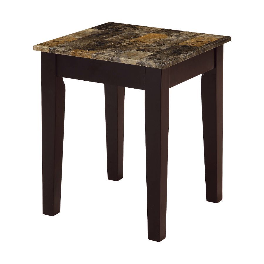 ACME KD, Square Leg End Table • NO Storage • Features: Faux Marble Top, Wooden Top, Wooden Tapered Leg •• CONSTRUCTION •• Wooden Top & Apron: Faux Marble Paper Veneer, MDF 15mm Thick • Wooden Tapered Leg: Wood (Aspen) | Meri Furniture