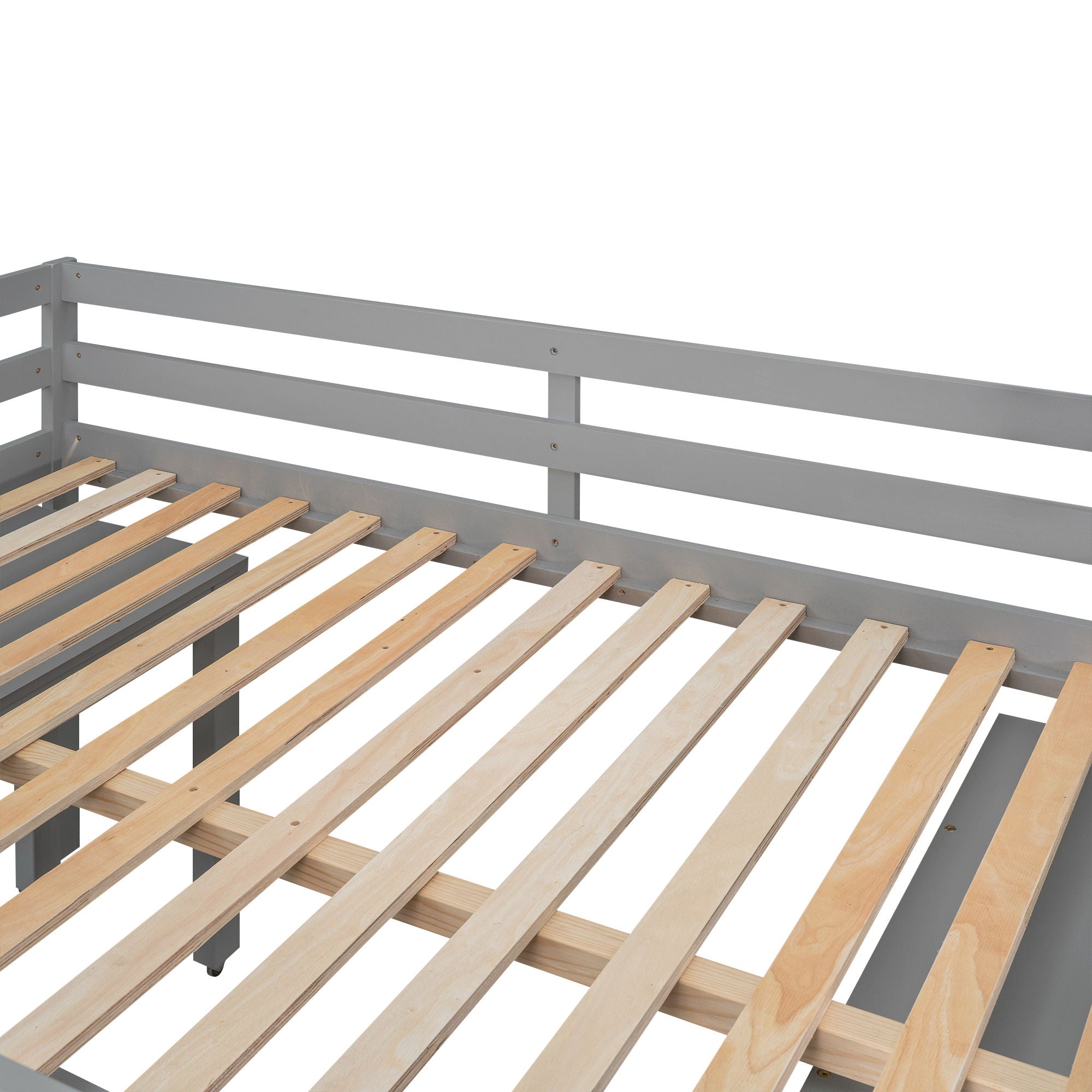 Loft Low Study Bed With Cabinet, Shelves And Rolling Portable Desk, Multiple Functions