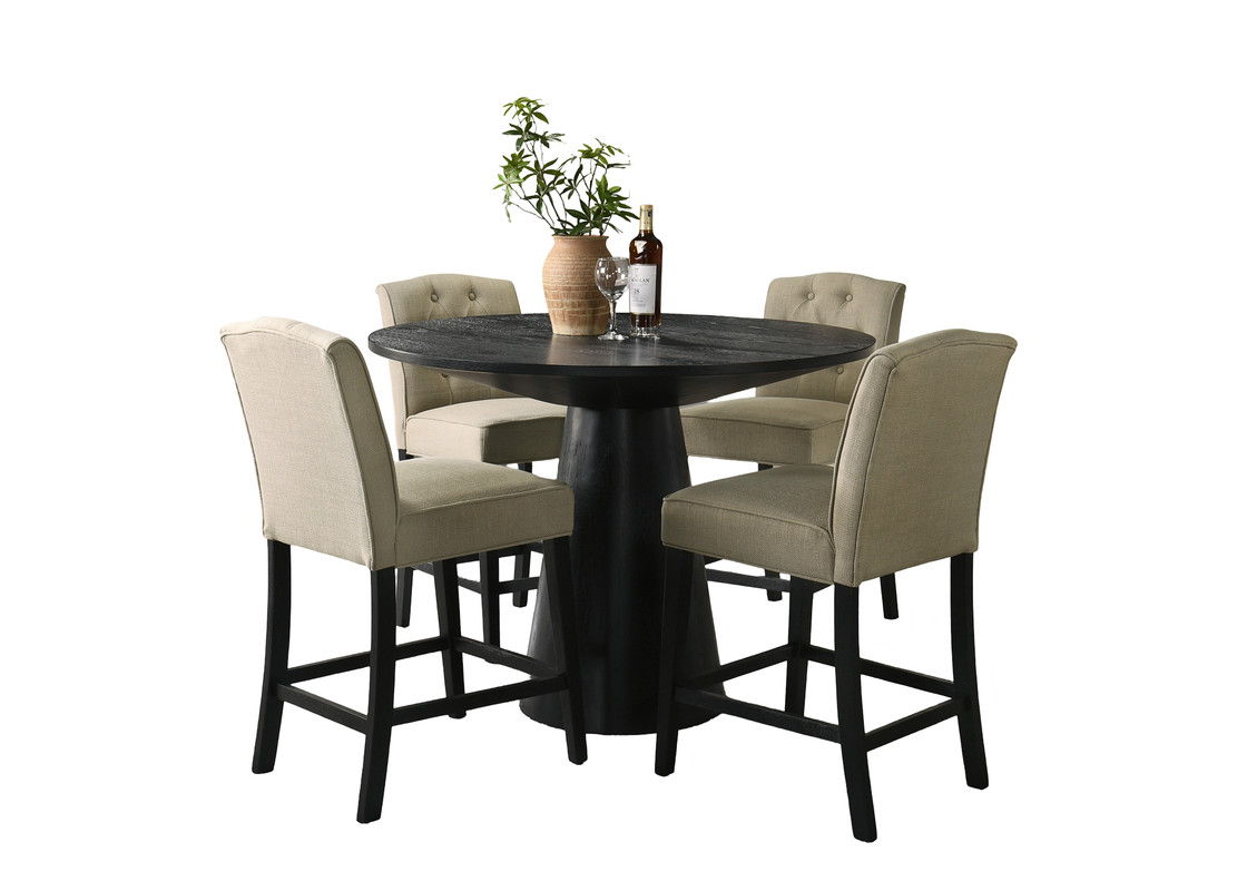 Jasper 5Pc 47" Round Ebony Black Pedestal Counter Height Set with Beige Upholstered Chairs