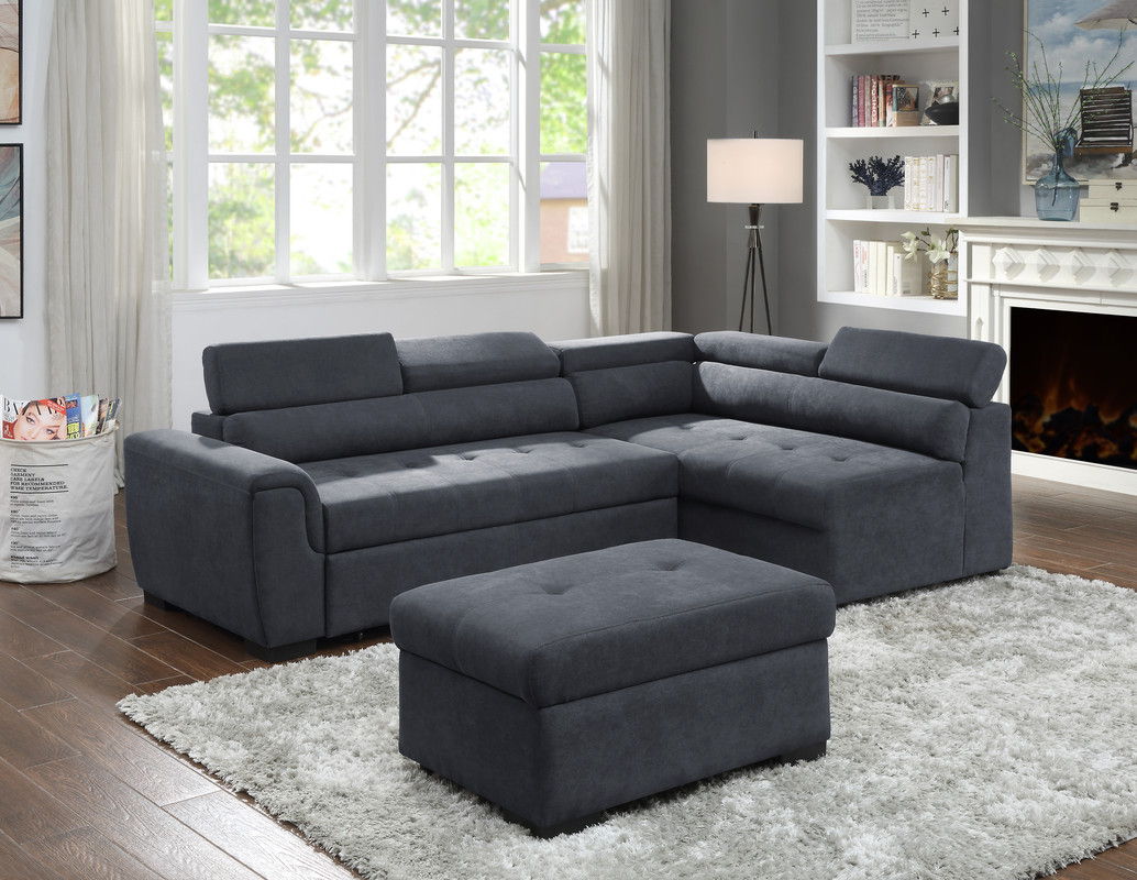Haris 97"W Dark Gray Fabric Sleeper Sofa Sectional with Adjustable Headrest and Storage Ottoman