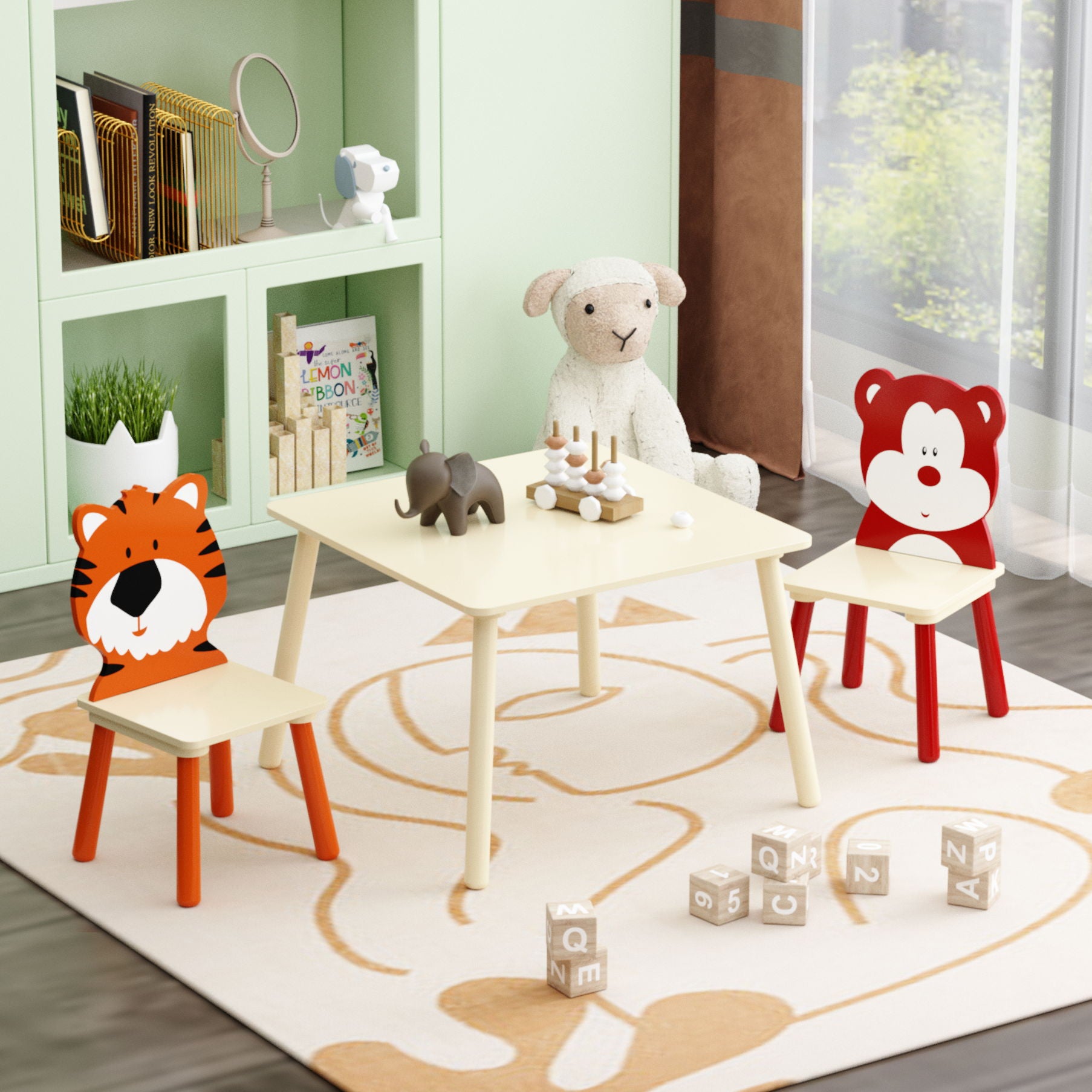 Table And 2 Chairs Set, Activity Play Table Set With Bear & Tiger Design - Natural