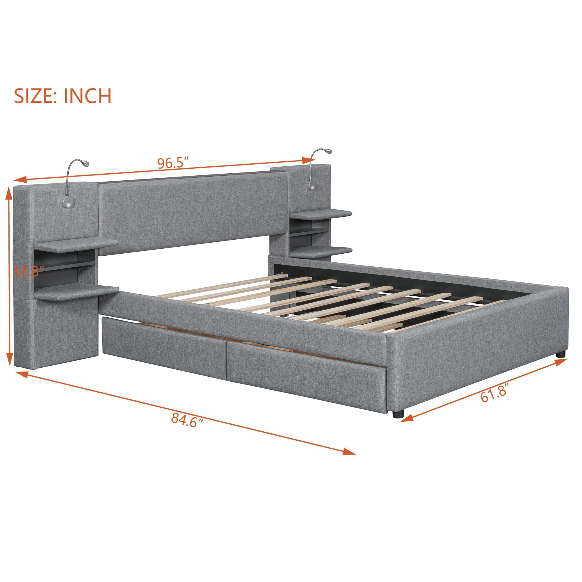 Upholstered Platform Bed With Reading Lights, Drawers, Trundle And Shelves