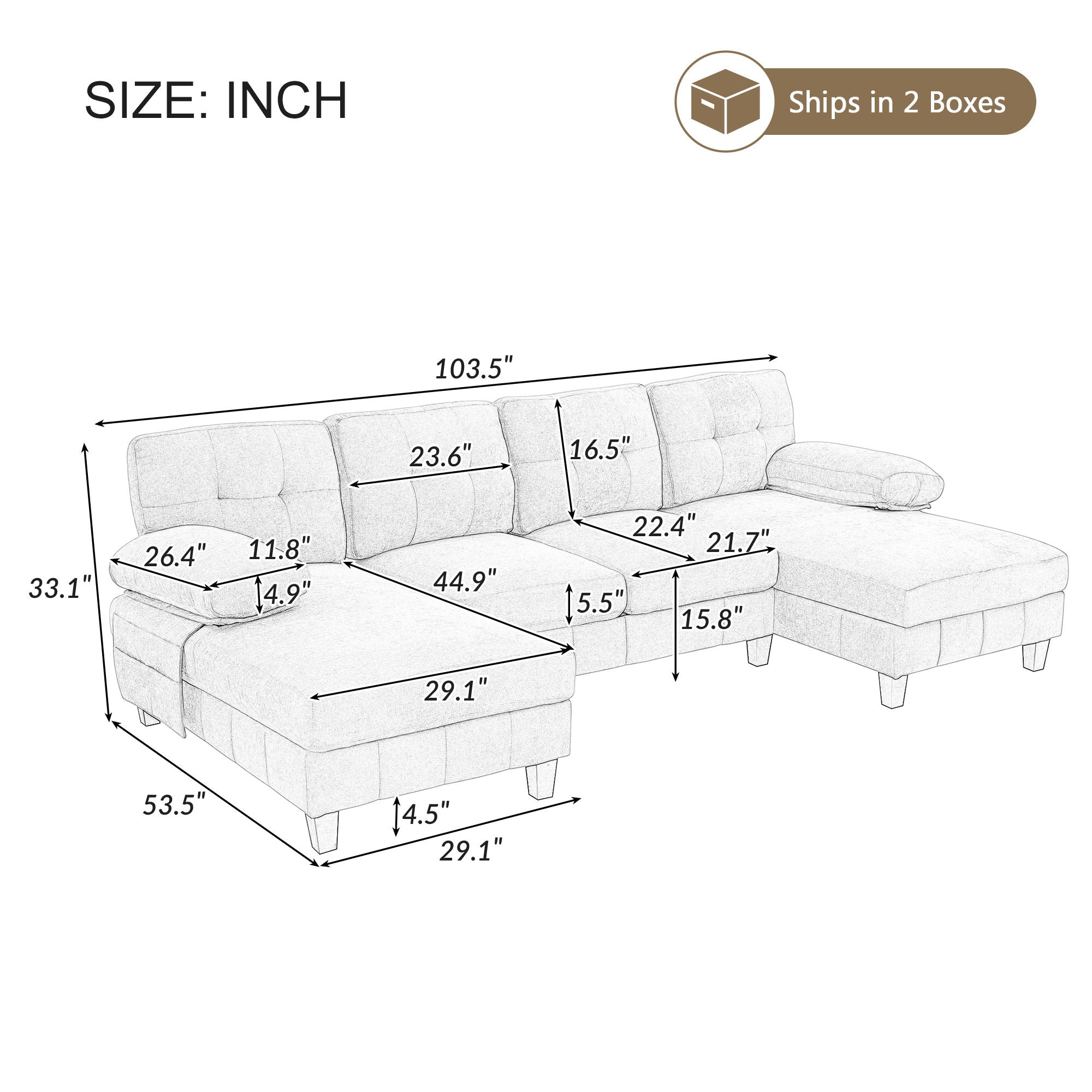 U-Shaped Sectional Sofa 103.5" Black Chenille Fabric Couch With Dual Chaise Lounges, Storage Pockets, Armrest Pillows