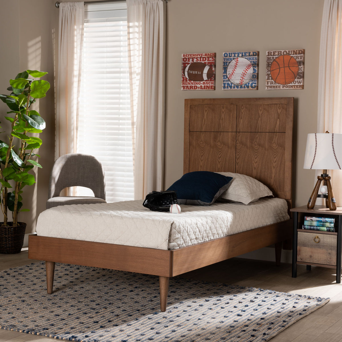Rin Mid-Century Modern Walnut Brown Finished Wood Twin Size Platform Bed
