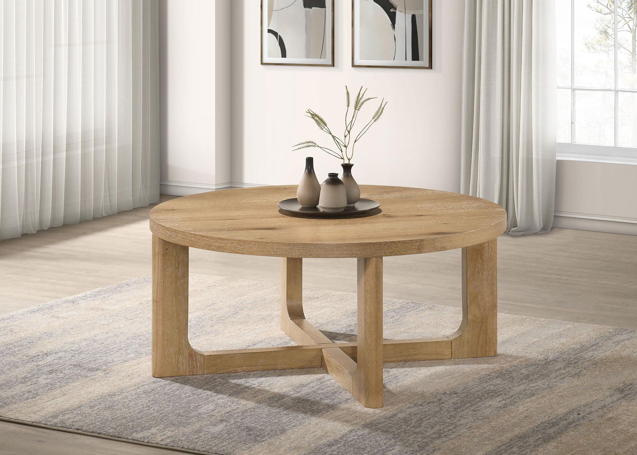 Kessler Round Sculptural Wood Coffee Table Light Oak