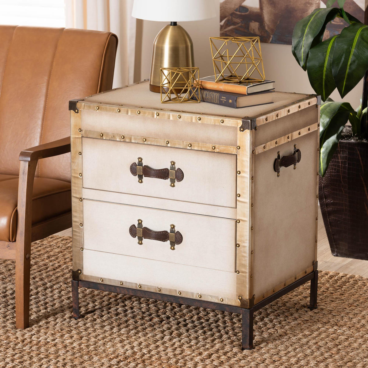 Laura Vintage White Canvas 2-Drawer End Table Trunk