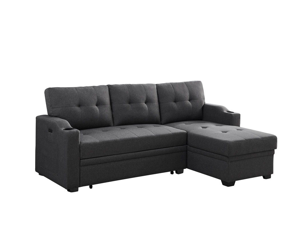 Mabel 83"W Dark Gray Linen Fabric Sleeper Sectional with cupholder, USB charging port and pocket