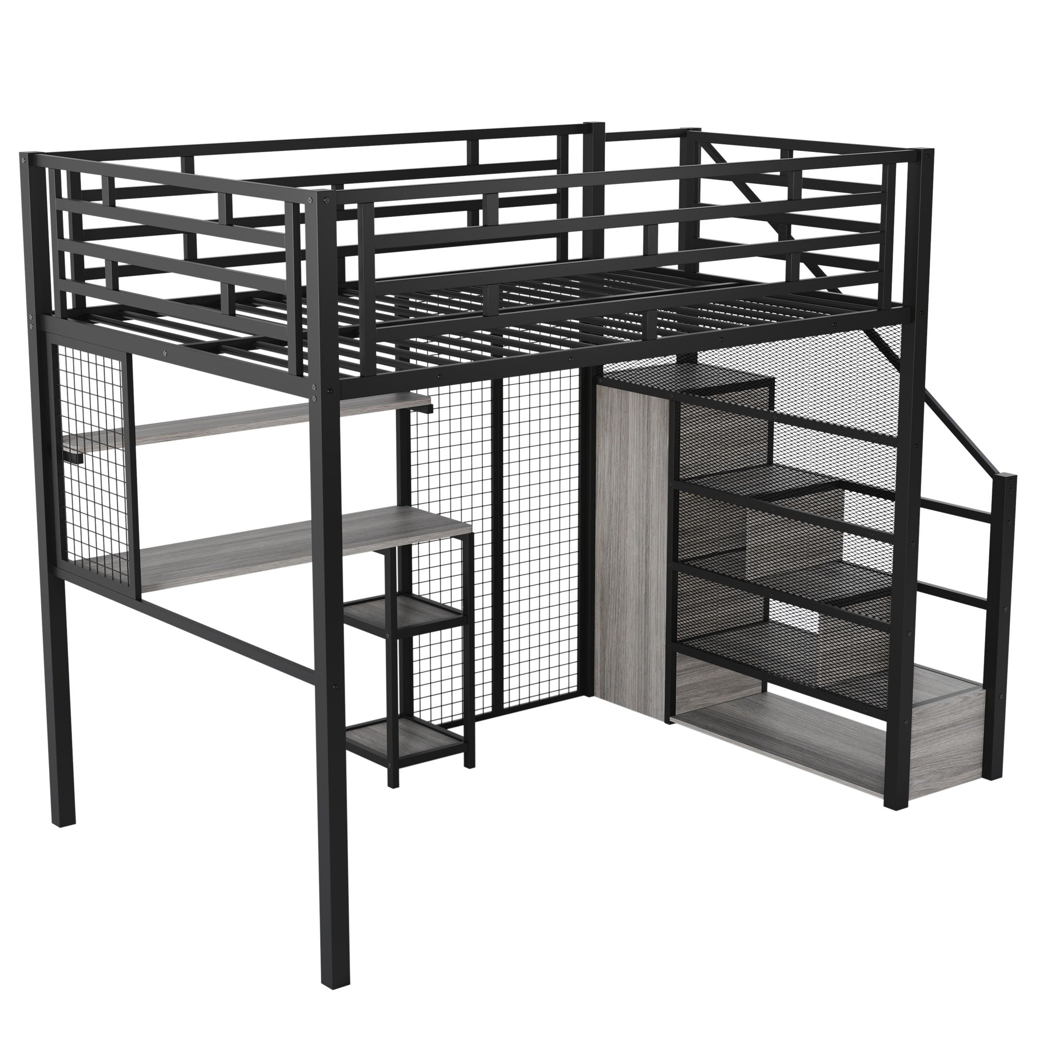 Metal Loft Bed With Wardrobe, Desk, Storage Shelves