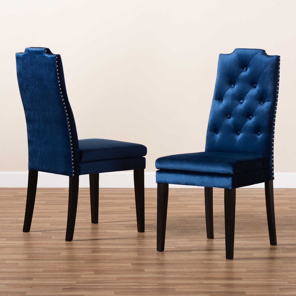 Dylin Modern and Contemporary Navy Blue Velvet Fabric Upholstered Button Tufted Wood Dining Chair Set of 2