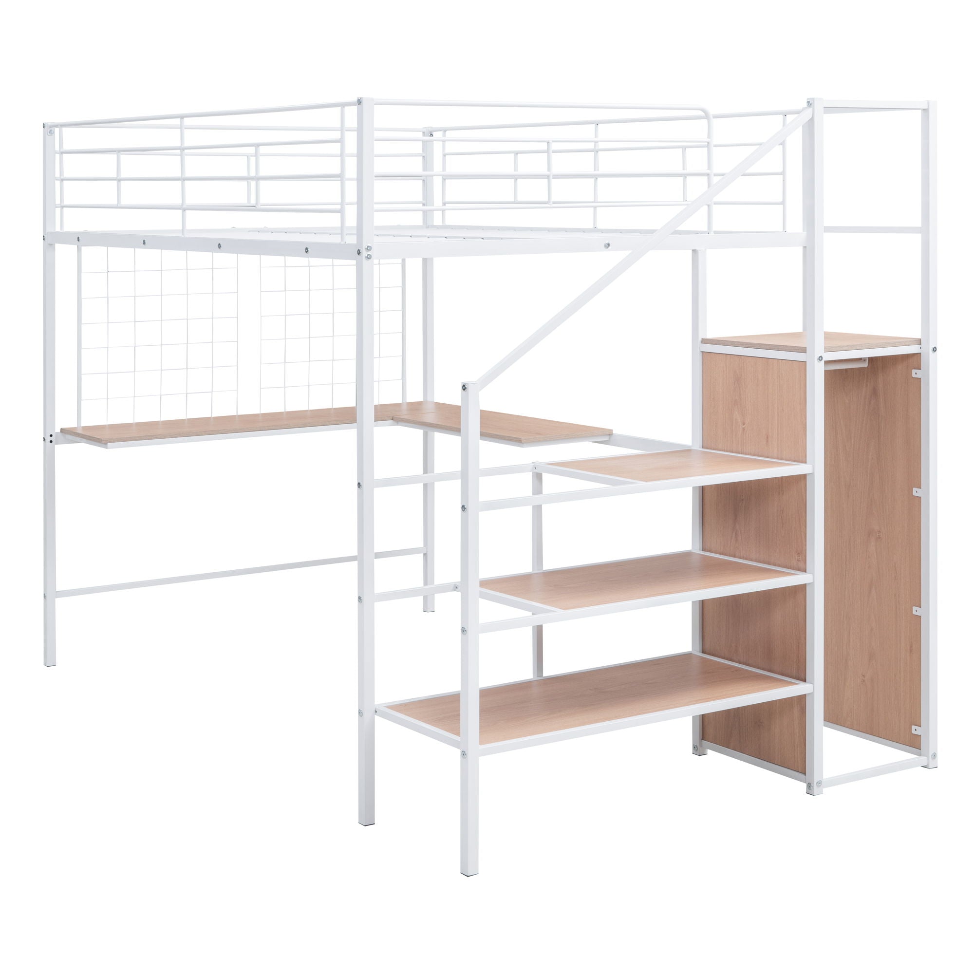 Loft Bed With Desk And Grid, Stylish Frame With Lateral Storage Ladder And Wardrobe
