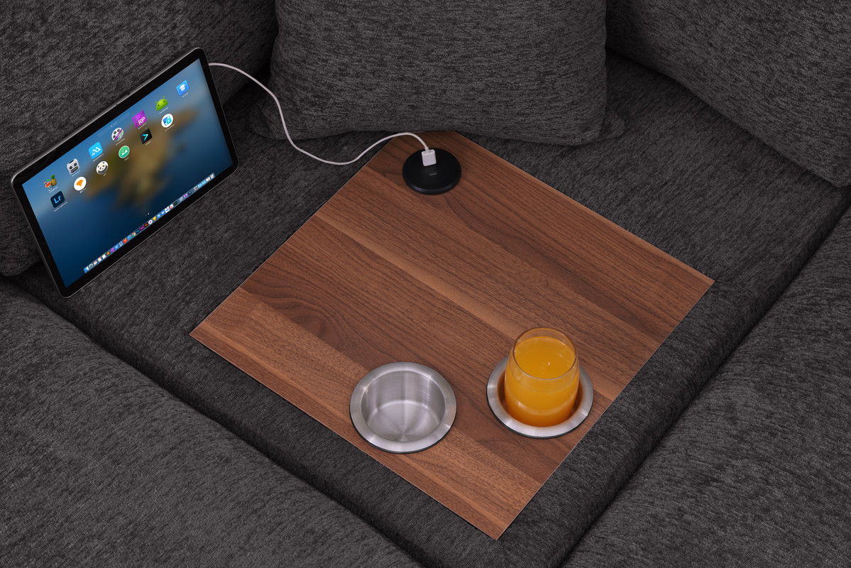 Celine 128"W Gray Chenille Fabric Corner Sectional Sofa with Right-Facing Chaise, Cupholders, and Charging Ports