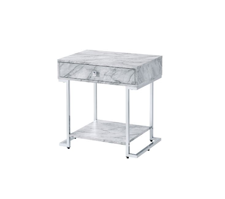 ACME Wither - Accent Table - White Printed Faux Marble & Chrome Finish | Meri Furniture