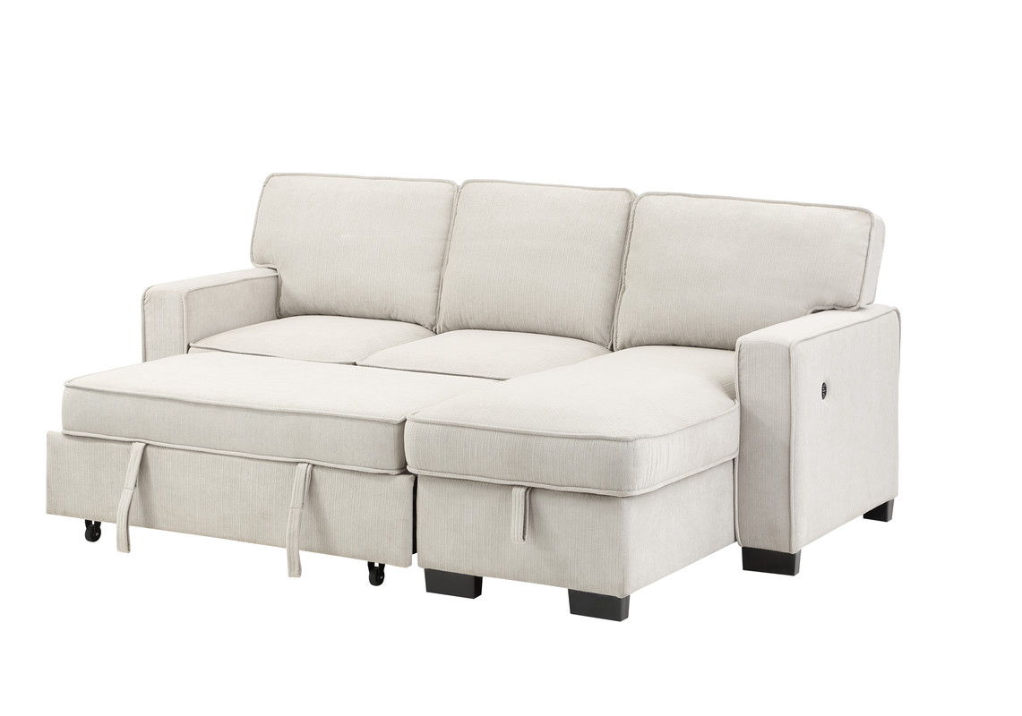 Estelle 86.5"W Beige Fabric Reversible Sleeper Sectional with Storage Chaise Drop-Down Table 2 Cup Holders and 2USB Ports