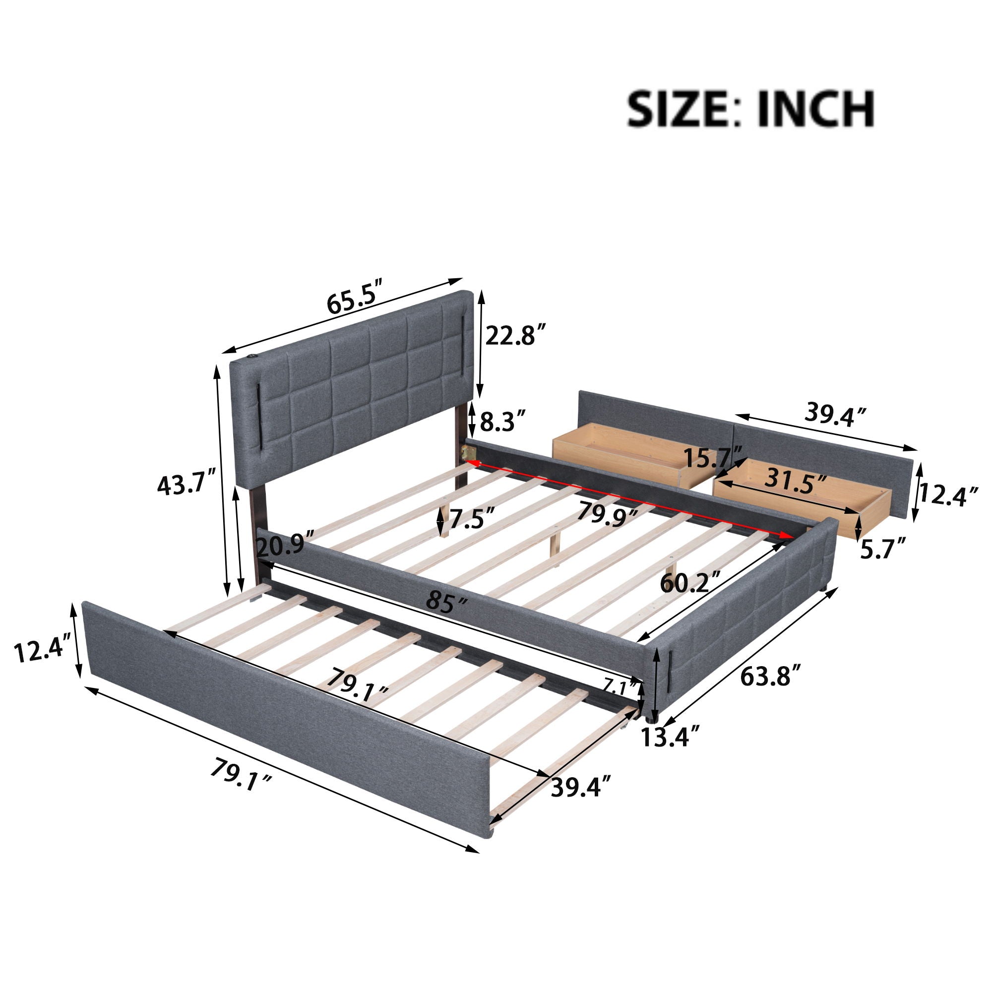 Upholstered Platform Bed With Trundle & Drawers