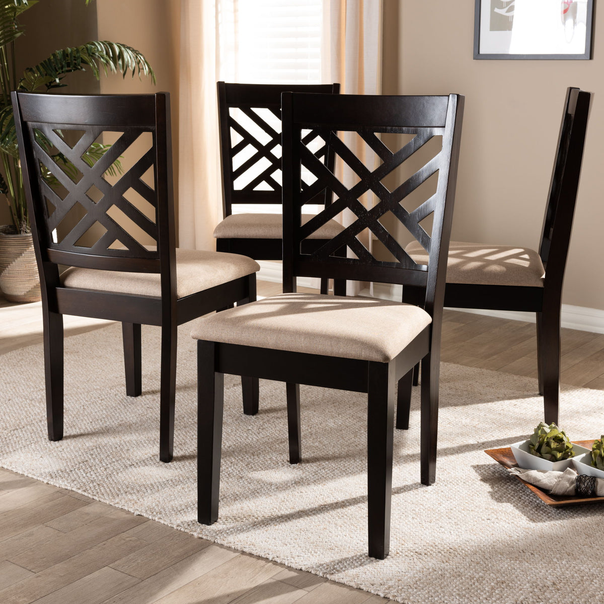Caron Modern and Contemporary Sand Fabric Upholstered Espresso Brown Finished Wood Dining Chair Set of 4