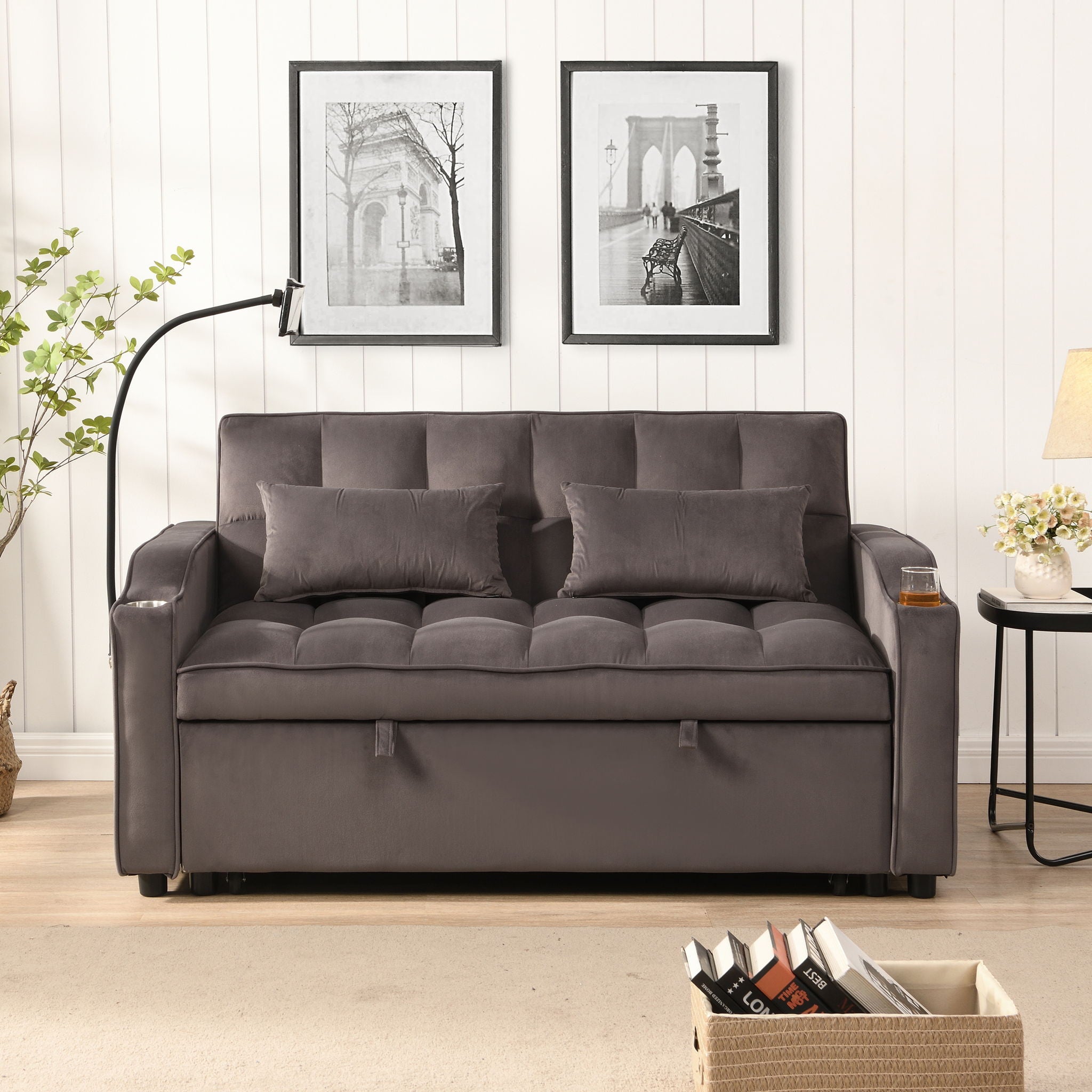 Modern Velvet Loveseat Futon Sofa With Pullout Bed, Adjustable Reclining Backrest, Toss Pillows