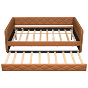Upholstered Full Long Daybed With Trundle And LED Armrests - Brown