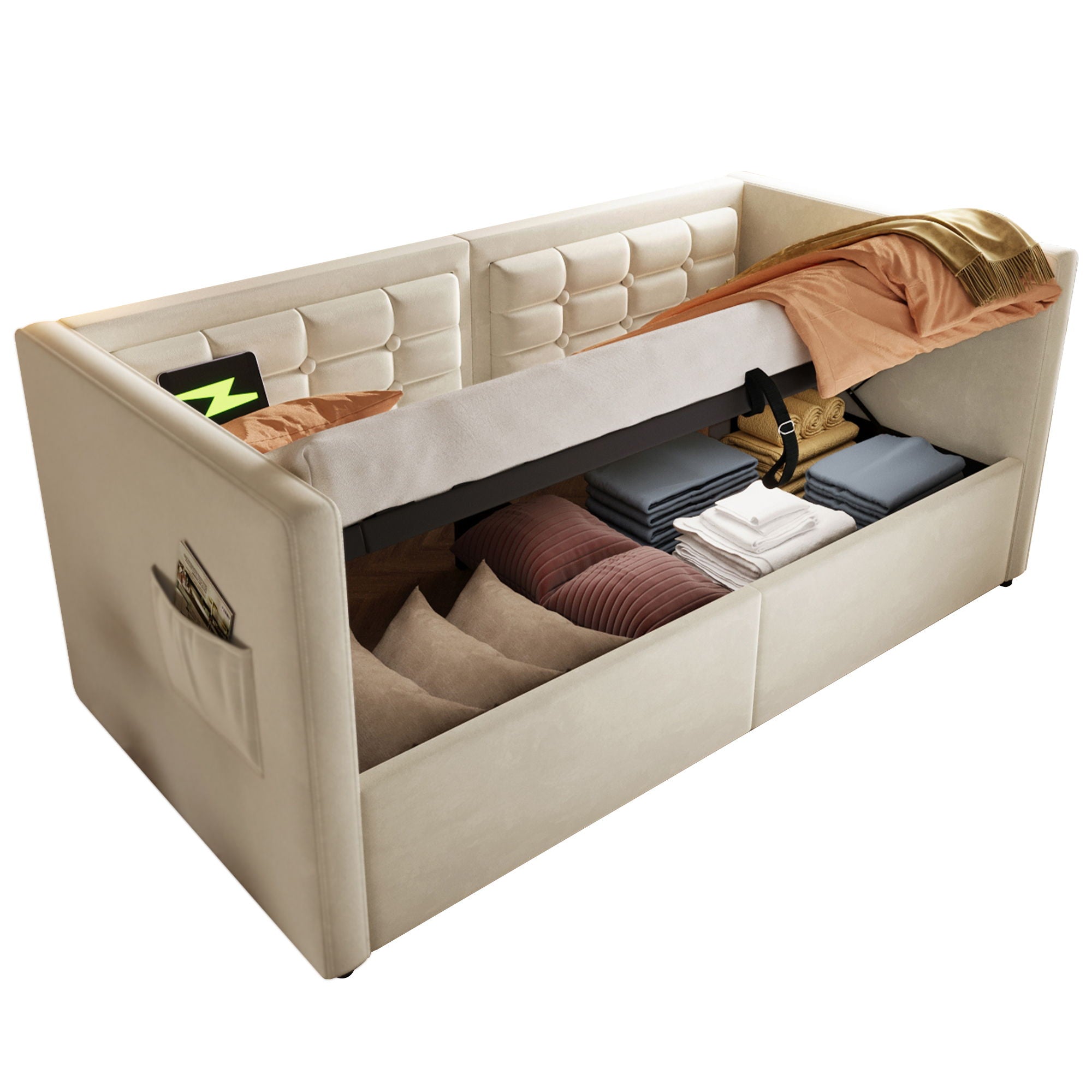 Upholstered Hydraulic Storage Daybed With USB & Type C Charging