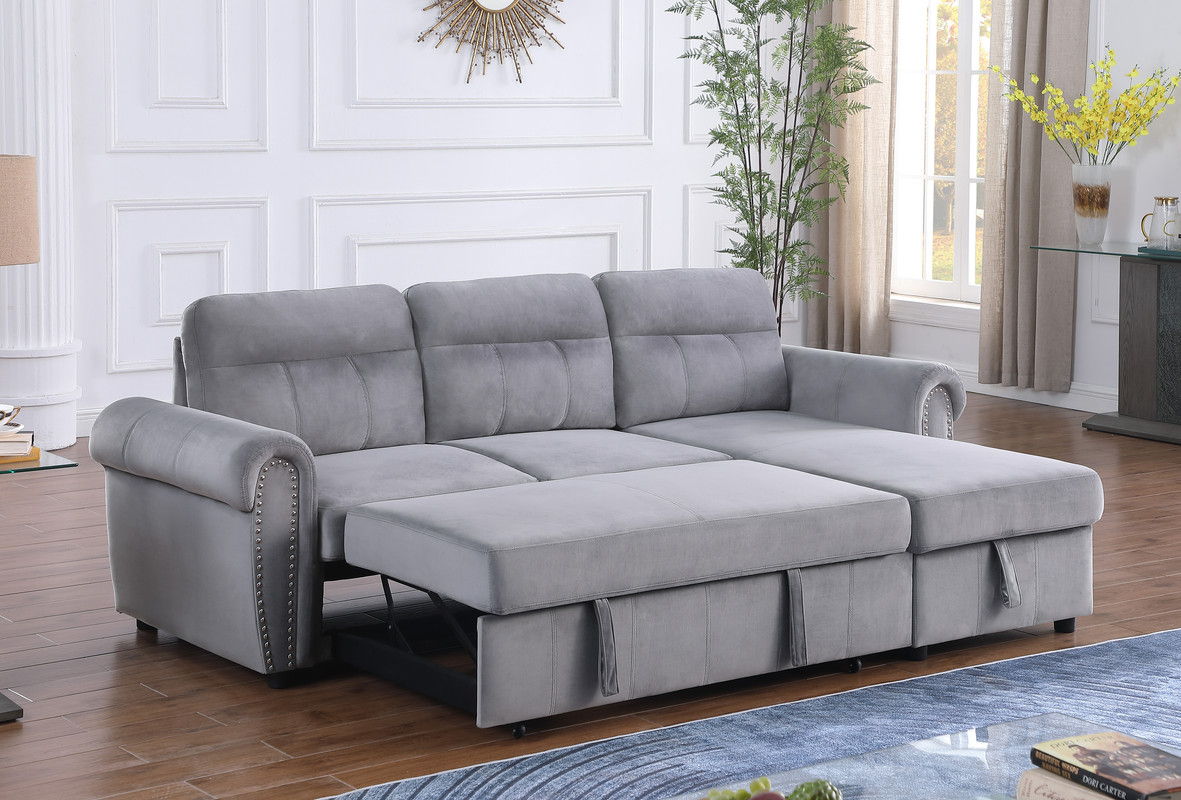 Ashton 96.5"W Gray Velvet Fabric Reversible Sleeper Sectional Sofa Chaise