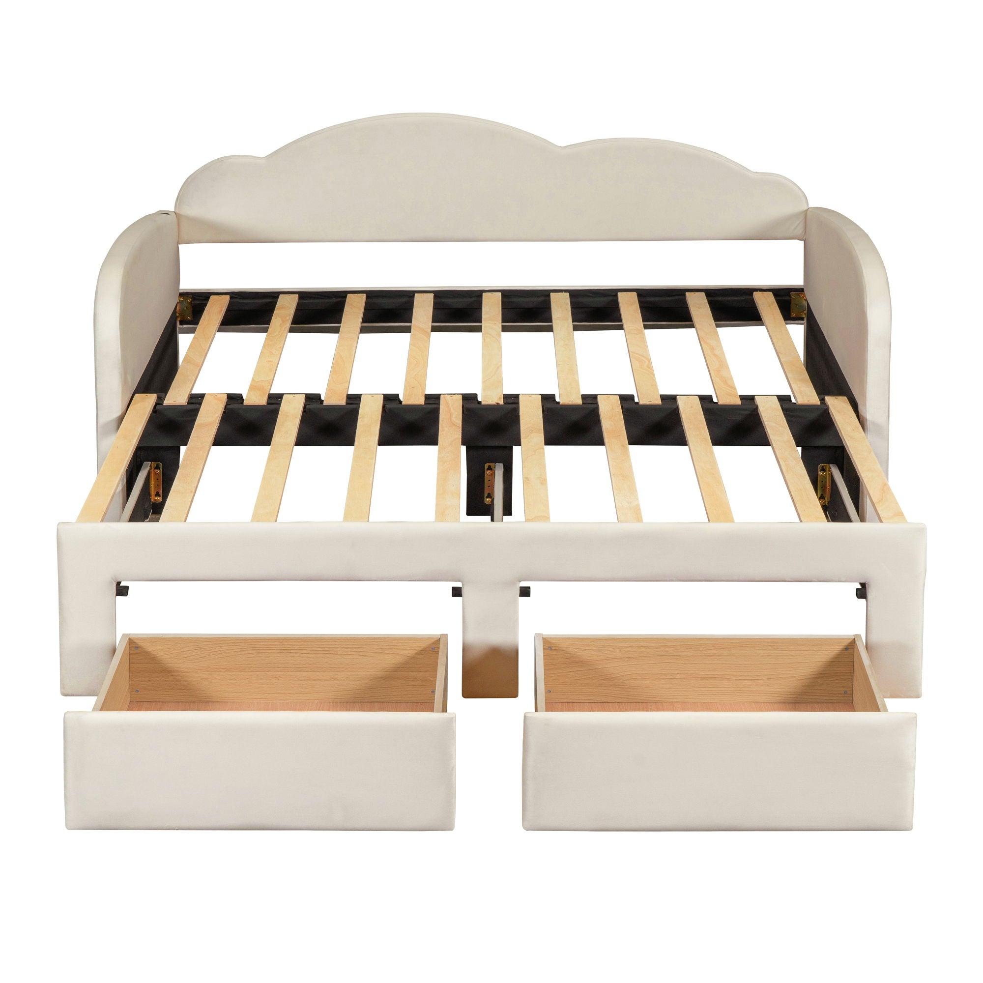 Upholstered Daybed With Cloud-Shaped Backrest, Trundle & 2 Drawers And USB Ports