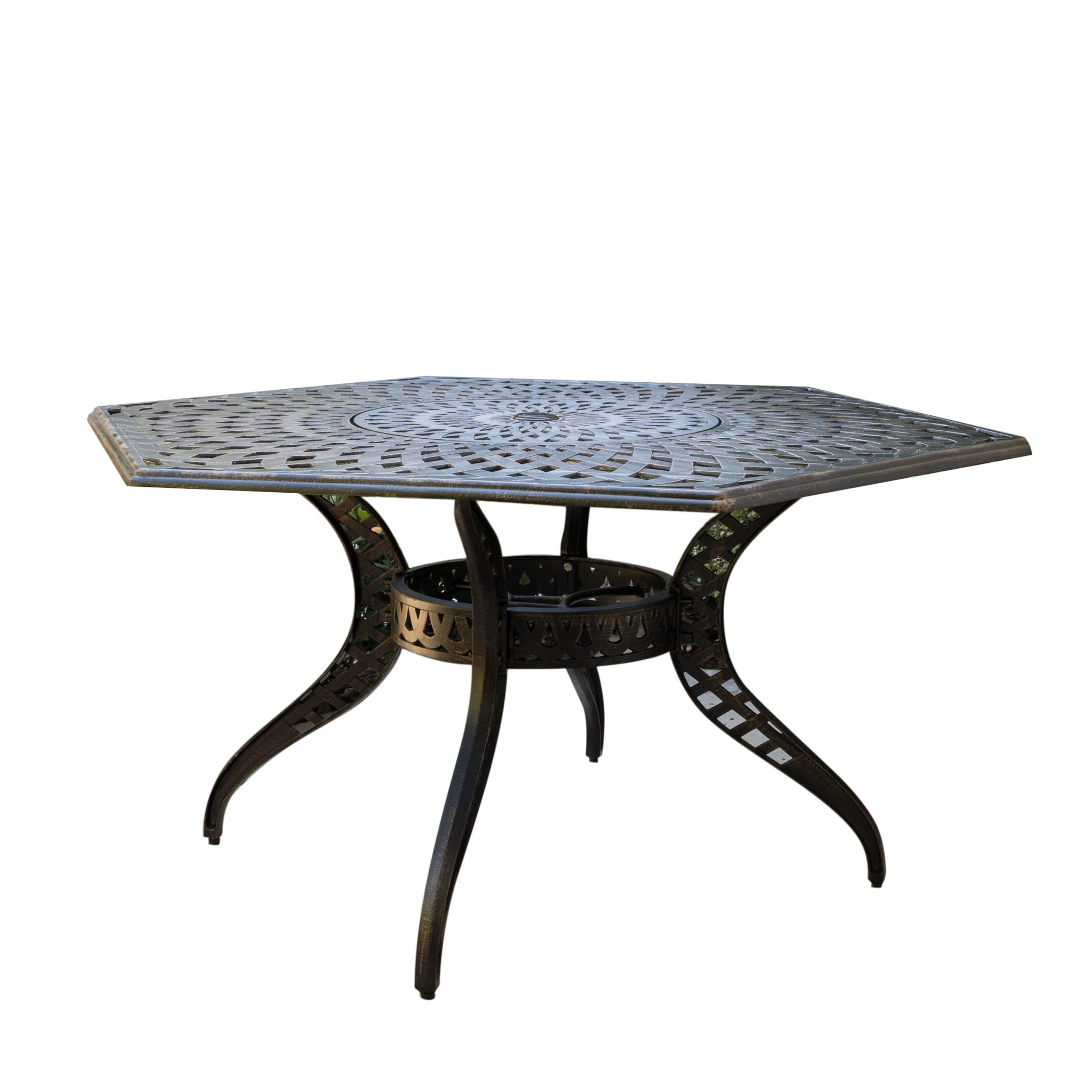 Outdoor Cast Aluminum Dining Table With Lattice Top And Umbrella Hole - Black