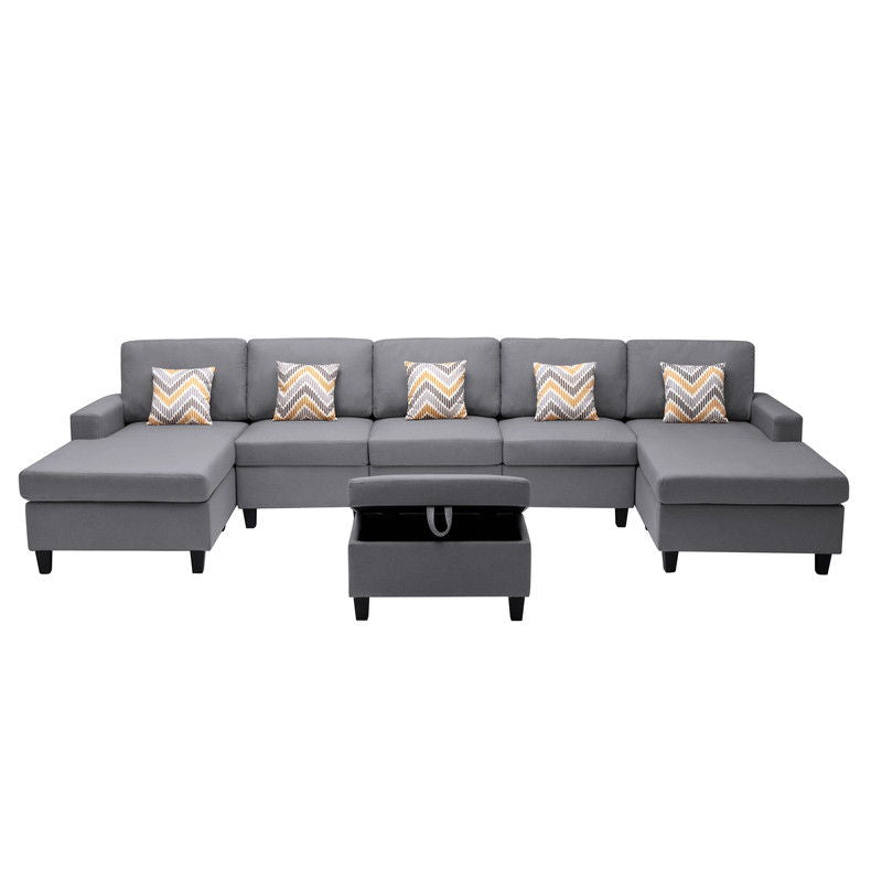 Nolan 152"W Gray Linen Fabric 6Pc Double Chaise Sectional Sofa with Interchangeable Legs, Storage Ottoman, and Pillows