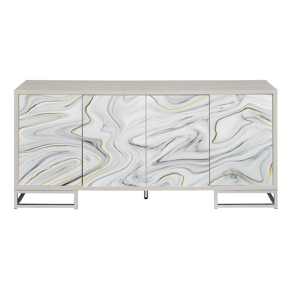 ACME Panos - Console Cabinet - White Marble Print & Chrome | Meri Furniture