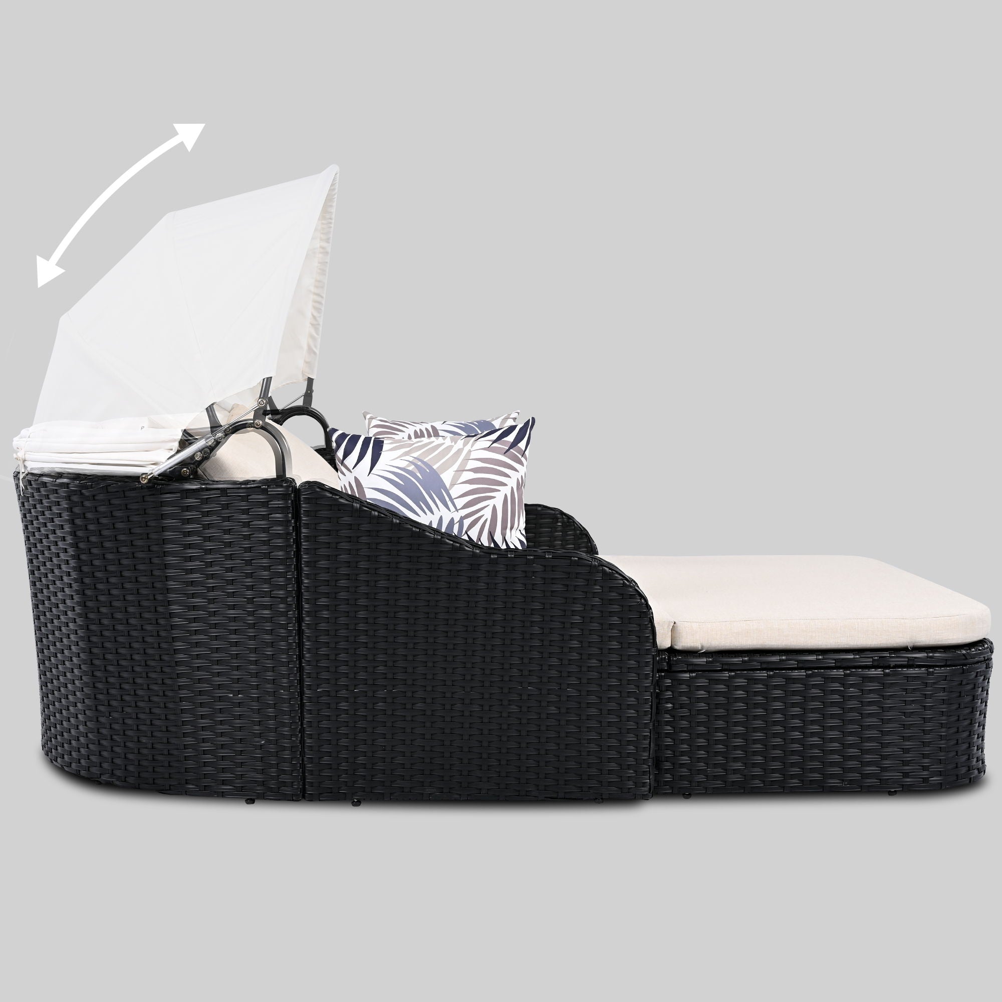 Outdoor Sunbed With Adjustable Canopy, Double Lounge, Daybed - Black / Beige