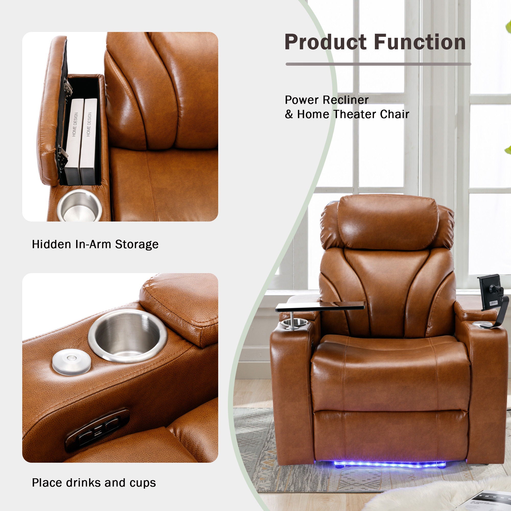 Power Motion Recliner Electric Power Recliner With USB Charging Port, Hidden Arm Storage, Convenient Cup Holder And Bluetooth Speaker