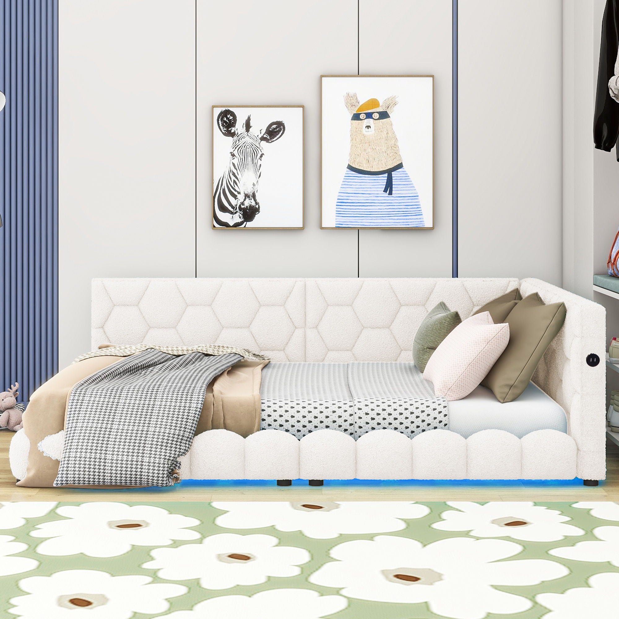 Upholstered Full Size Platform Bed With LED Belt And USB Ports - White