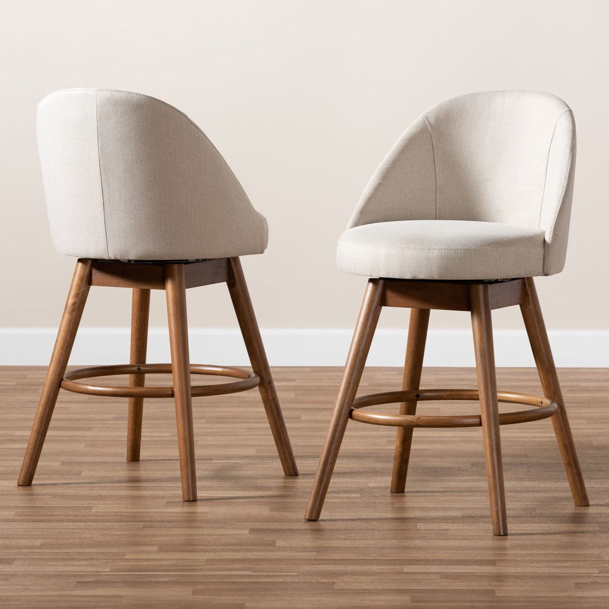 Carra Mid-Century Modern Light Beige Fabric Upholstered Walnut-Finished Wood Swivel Counter Stool Set of 2