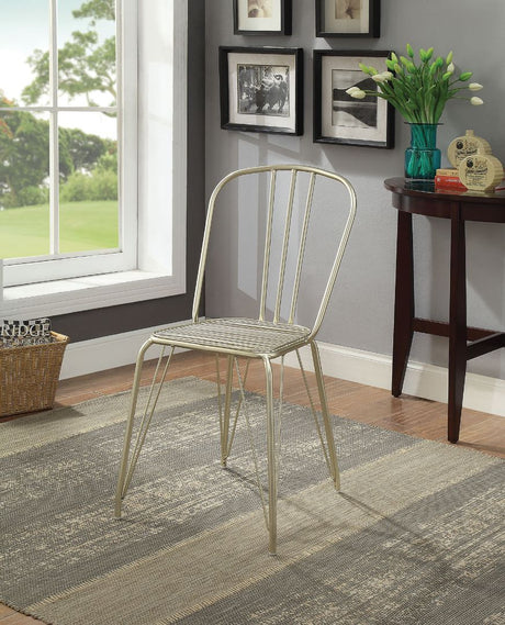 The Orania side chair has a industrial style that features a high backrest, stationary seat, metal seat & back and metal tapered legs.