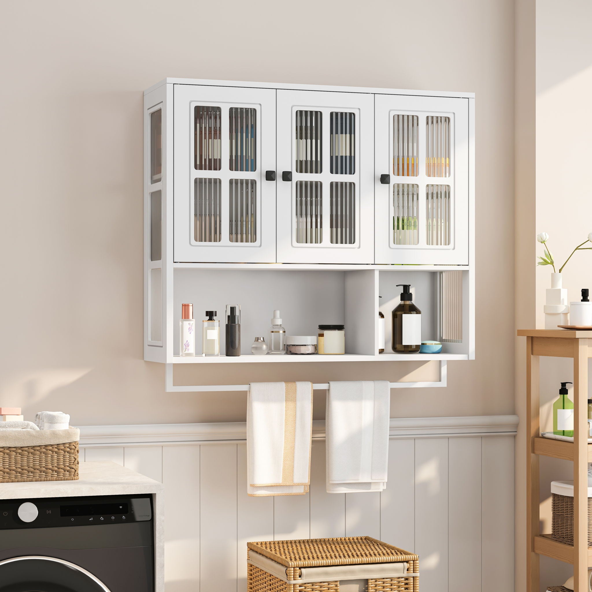 3 Door Wall Cabinet With Glass Door And Towel Bar