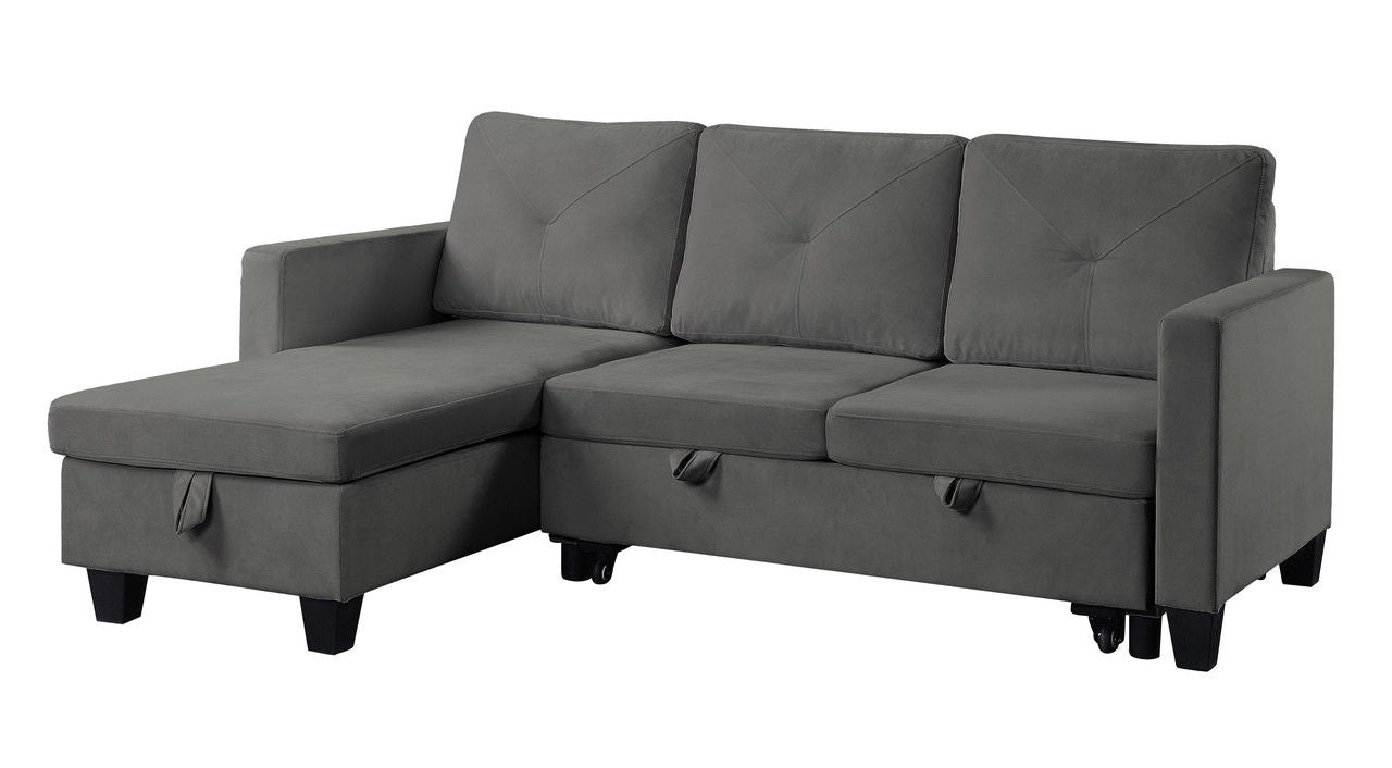 Nova 82.5"W Dark Gray Velvet Reversible Sleeper Sectional Sofa with Storage Chaise