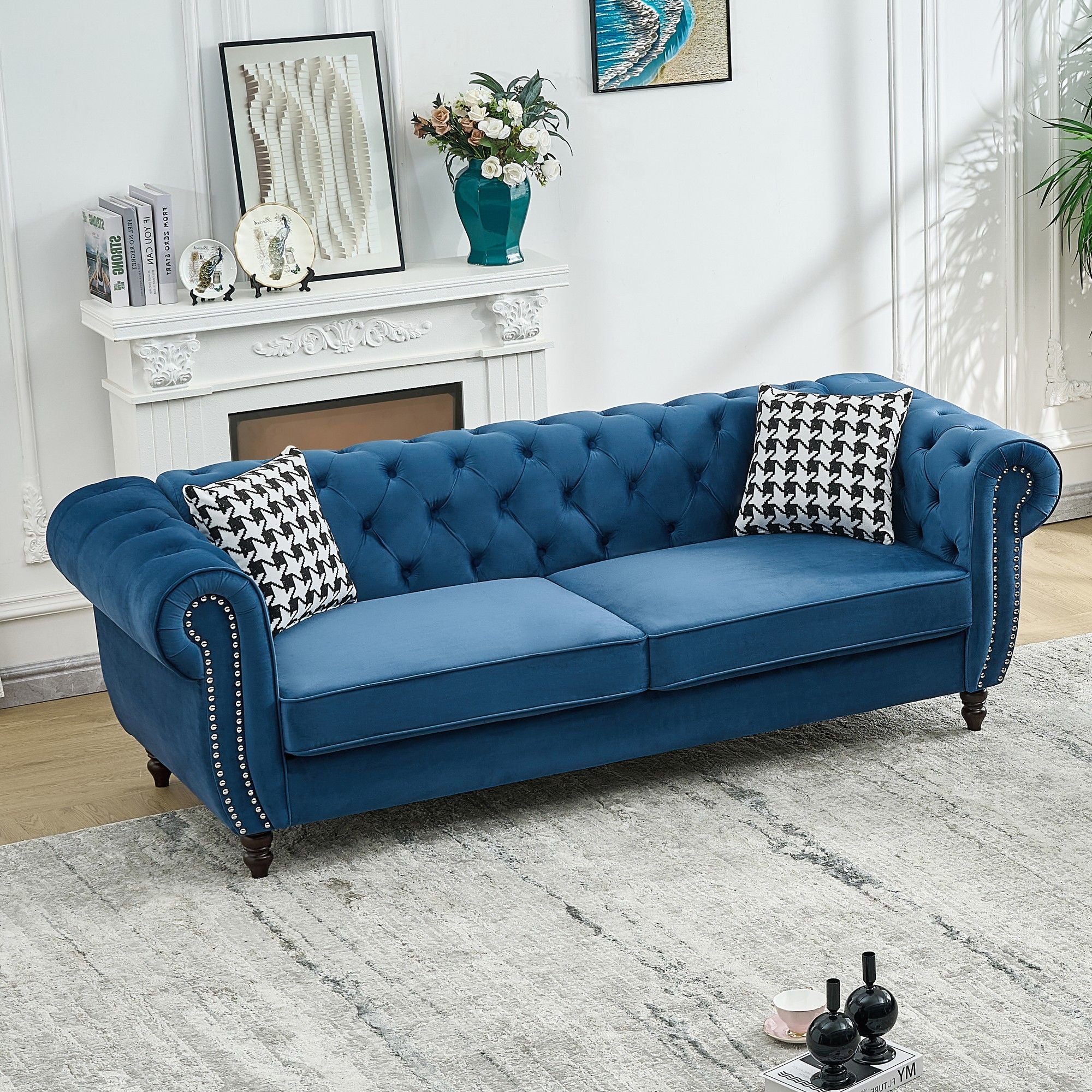 Mid Century Chesterfield Velvet Fabric Sofa With Roll Armrest & Nailhead, Blue, 87 Inches