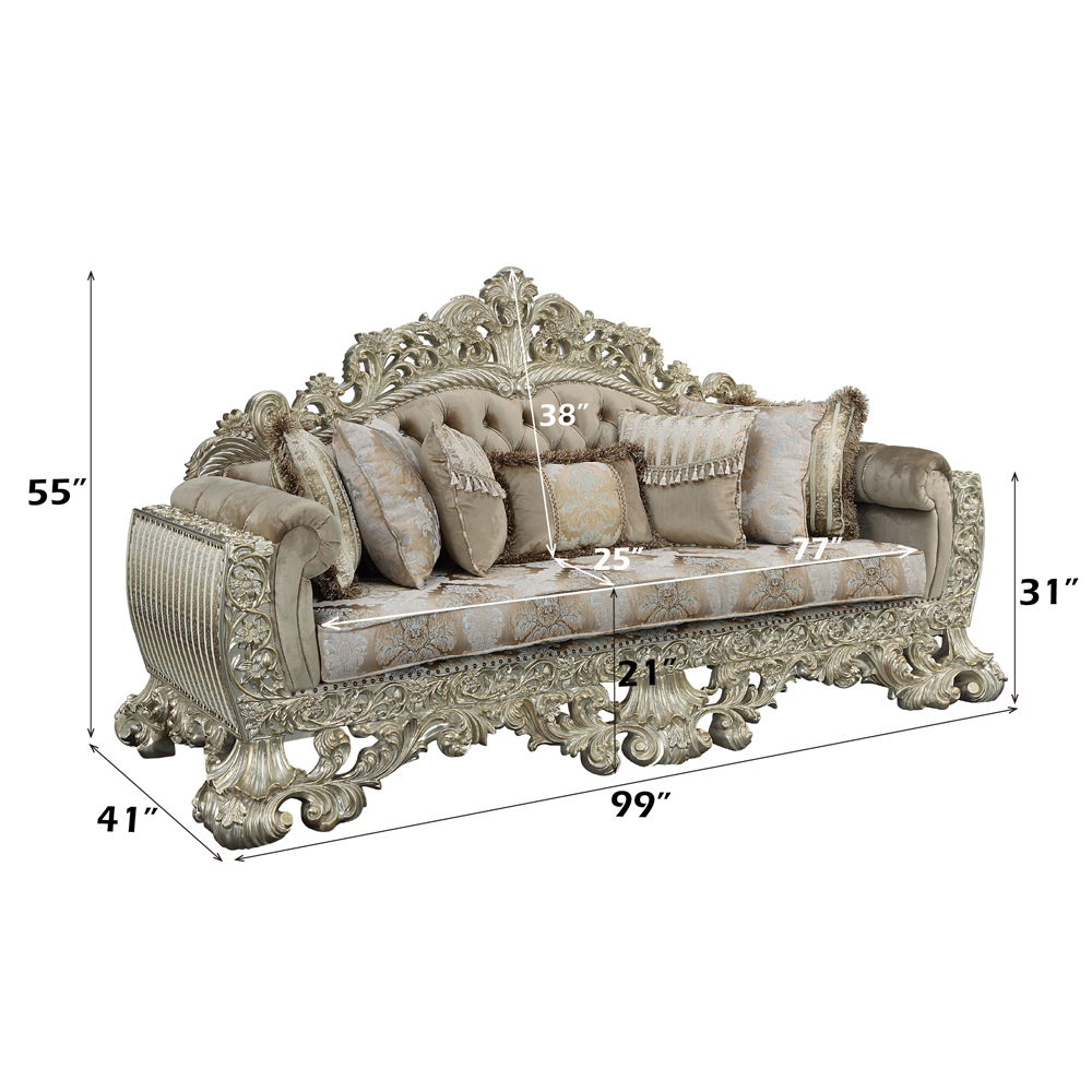 Sorina - Sofa With 7 Pillows - Velvet, Fabric & Antique Gold