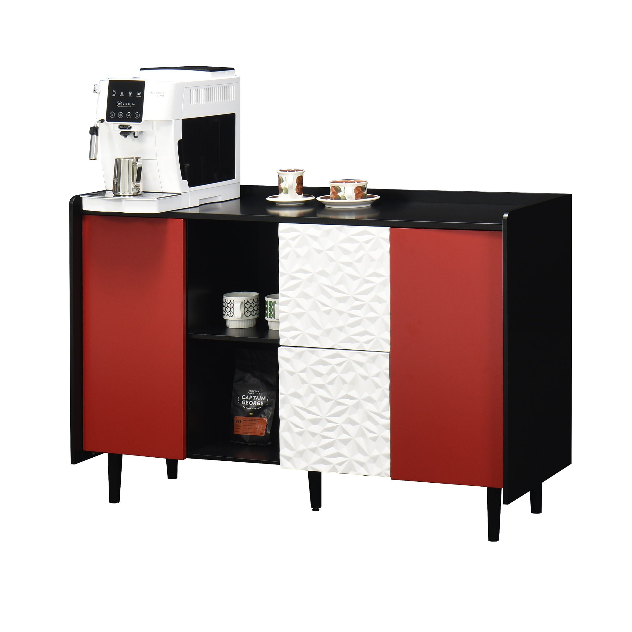 Modern Sideboard Buffet Cabinet With Red Doors And Unique Panel Styling