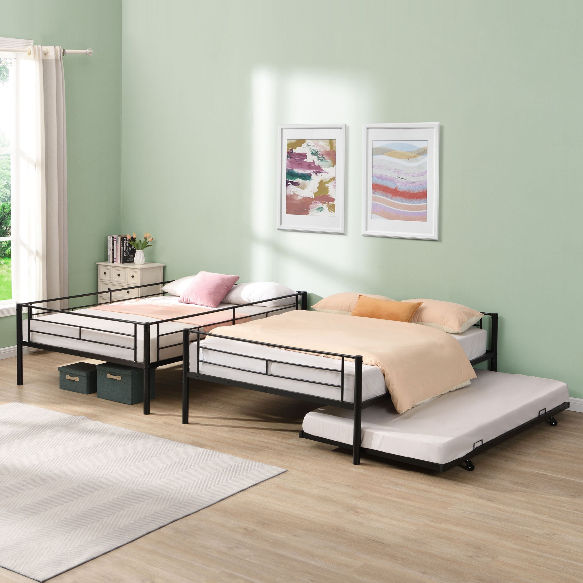 Full Over Full Modern Metal Bunk Bed With Trundle - Black