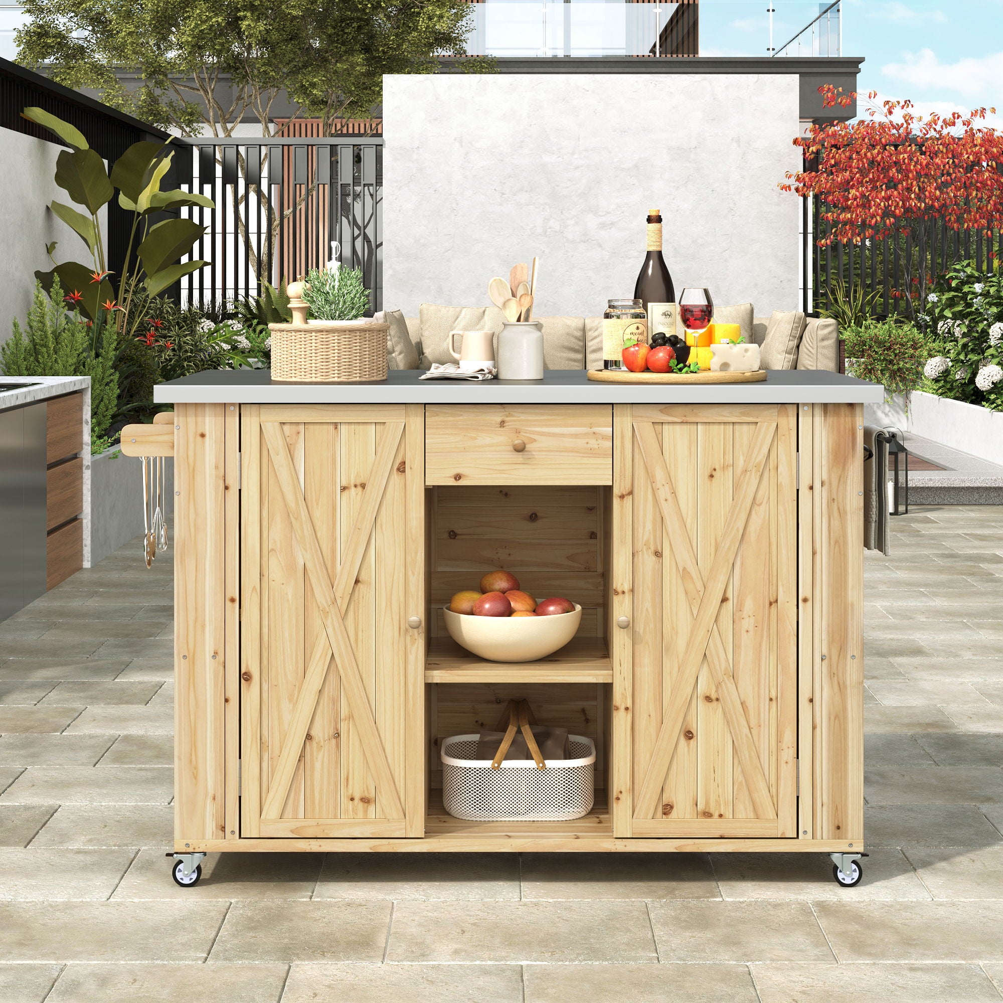 Outdoor Kitchen Island With Stainless Steel Top, Ample Storage Space, Towel And Spice Racks And A Bottle Opener