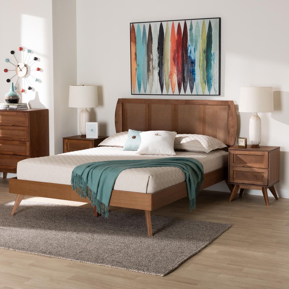 Asami Mid-Century Modern Walnut Brown Finished Wood and Woven Rattan Full Size 3-Piece Bedroom Set