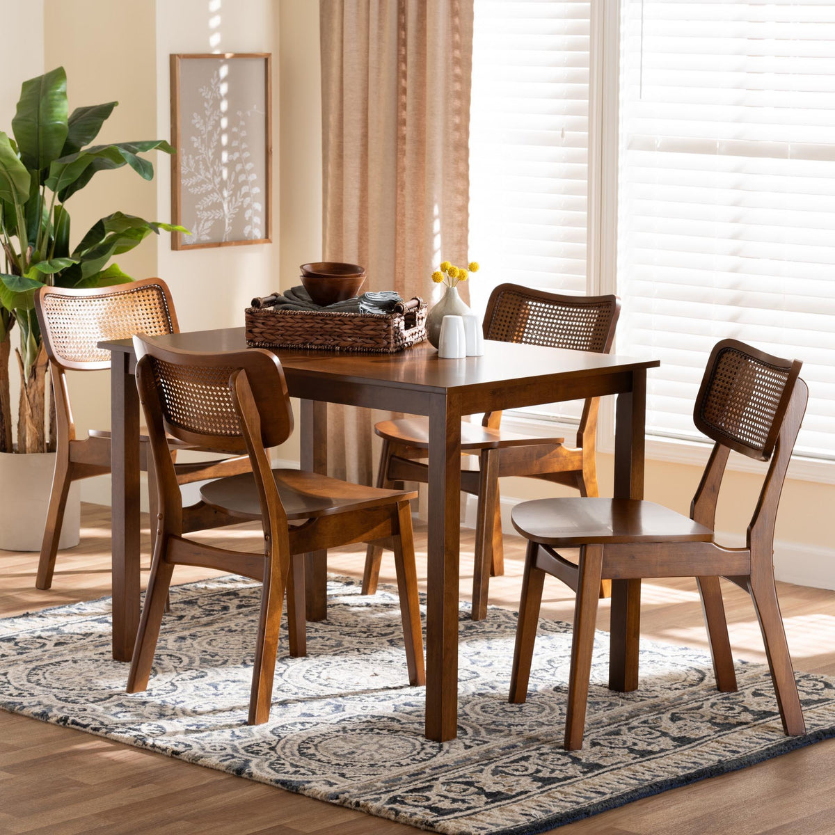 Estera Mid-Century Modern Walnut Brown Finished Wood and Rattan 5-Piece Dining Set