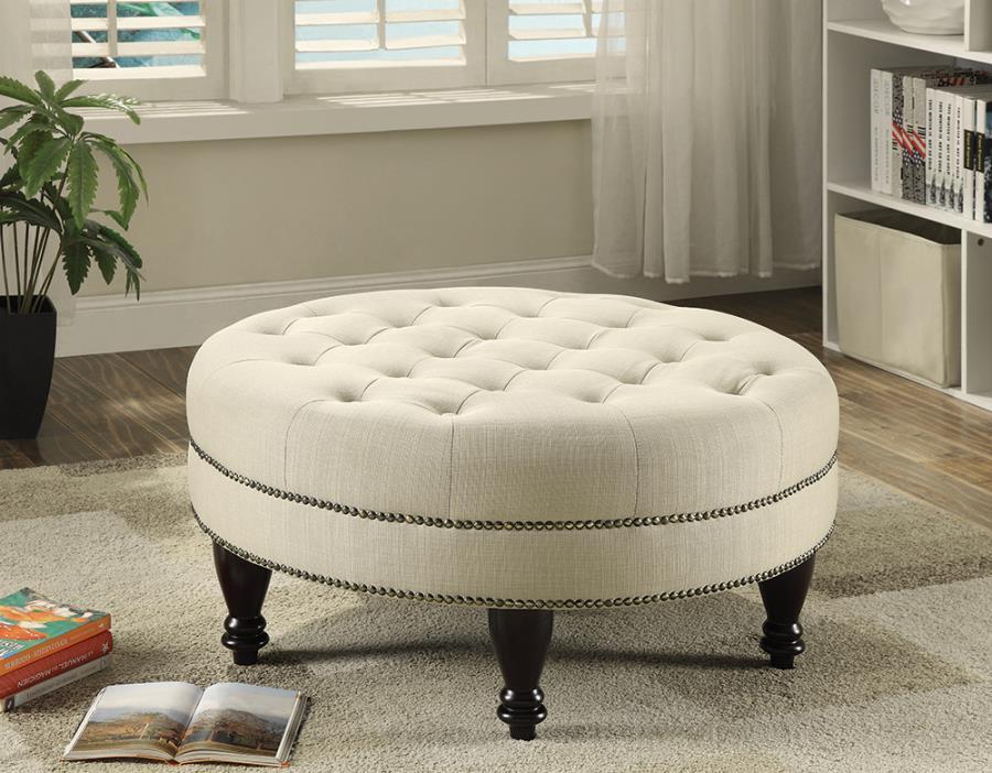 Coaster Fine Furniture Elchin - Round Upholstered Tufted Ottoman - Oatmeal | Meri Furniture