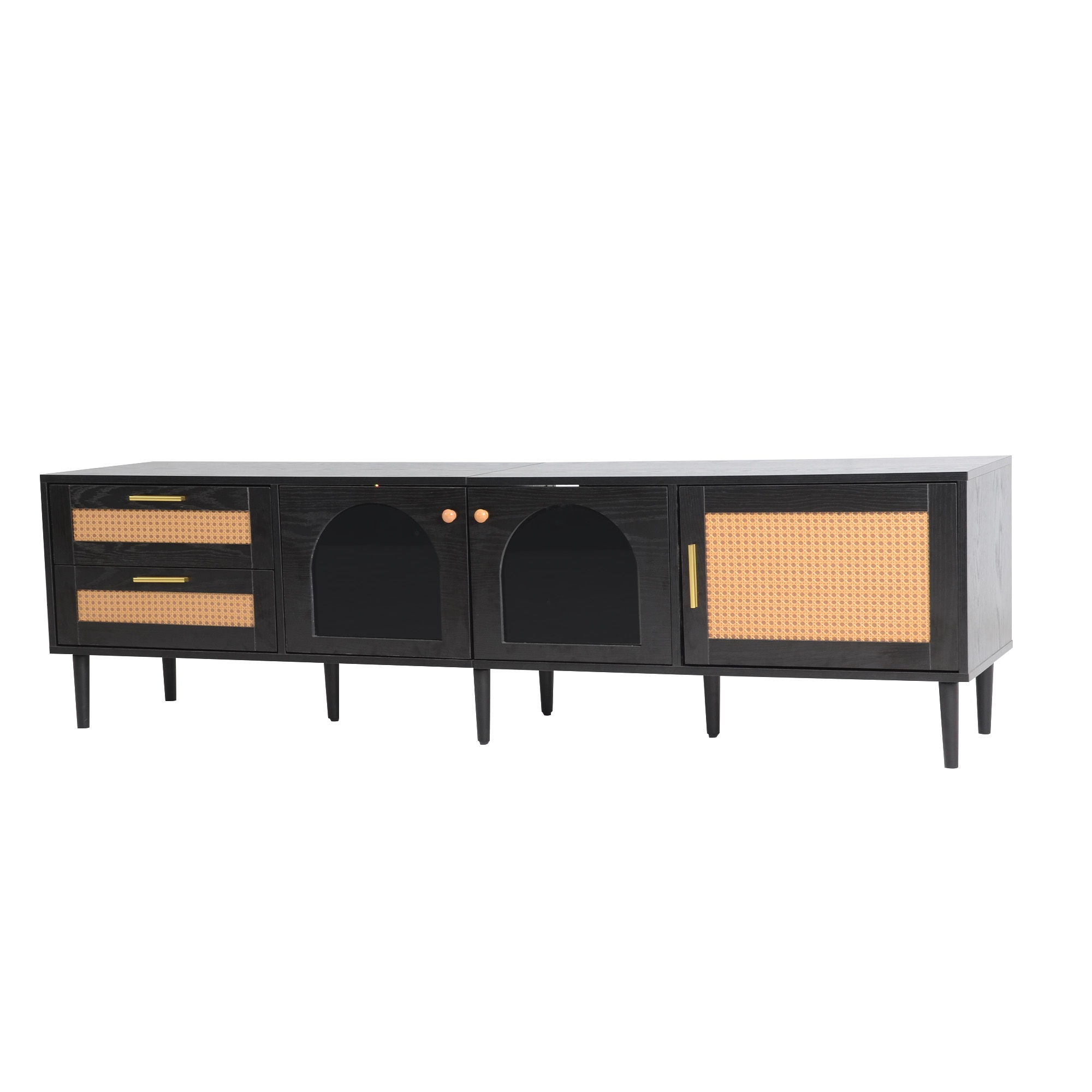 Rattan TV Stand With 3 Cabinets & 2 Drawers, Rattan-Inspired Media Console Table For Tvs Up To 80'', LED Light Entertainment Center, TV Cabinet For Living Room - Black