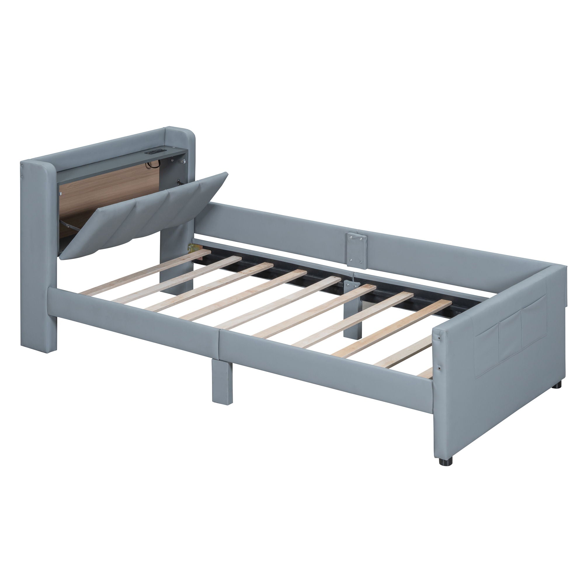 Upholstered Mother & Child Bed With Hydraulic Storage System, Drawer Box, Bedhead Storage Shelf And 2 Pairs Of Sockets & USB Ports